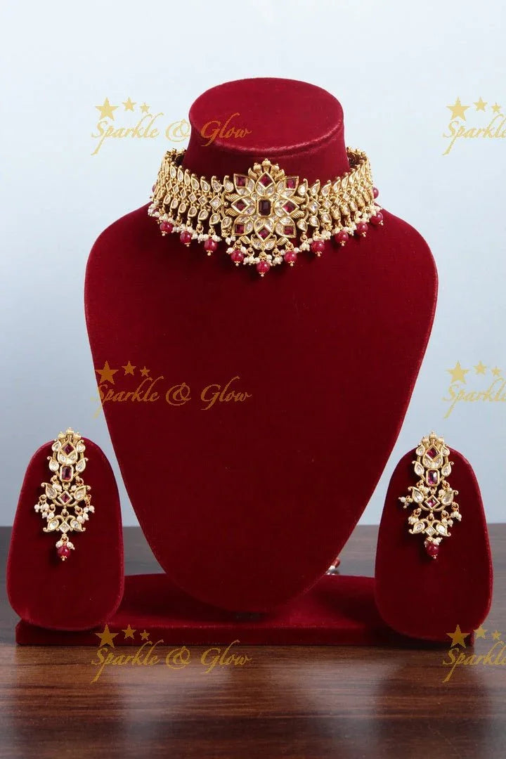 Gold alike floral choker with kundan stones with pink bead drops - Sparkle and Glow