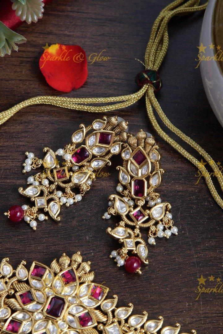 Gold alike floral choker with kundan stones with pink bead drops - Sparkle and Glow