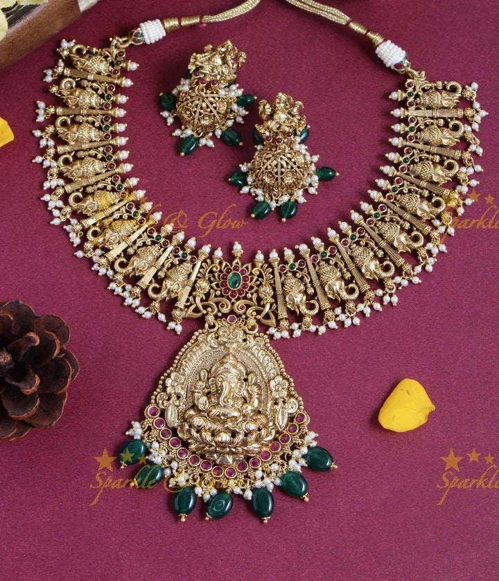 Gold alike stunning Ganesha necklace with pearl drops - red - gold Beads - Sparkle and Glow