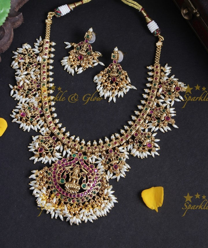 Gold alike Lakshmi Rice pearl guttapusalu necklace
