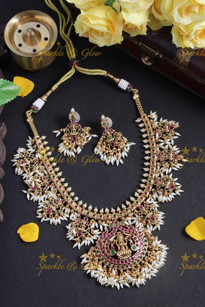 Gold alike Lakshmi Rice pearl guttapusalu necklace