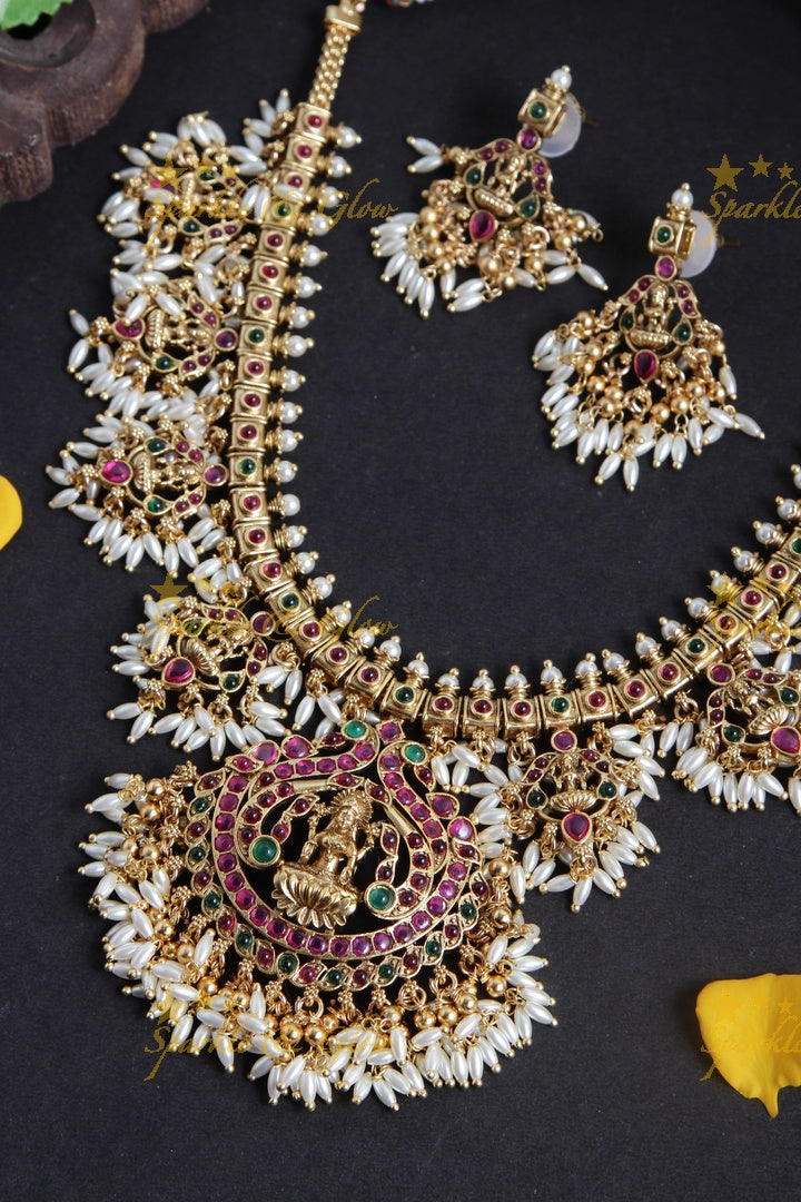 Gold alike Lakshmi Rice pearl guttapusalu necklace