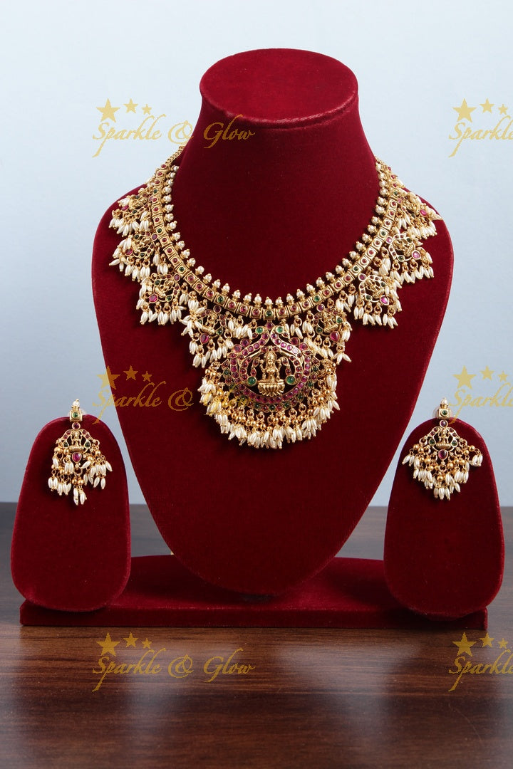 Gold alike Lakshmi Rice pearl guttapusalu necklace