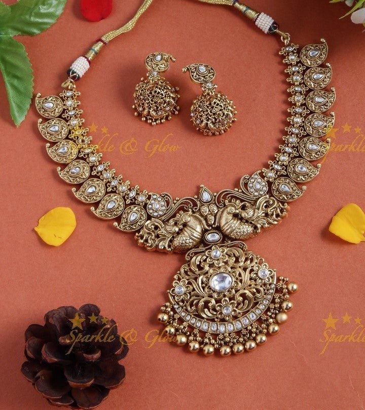 Gold alike elegant mango peacock necklace - Sparkle and Glow