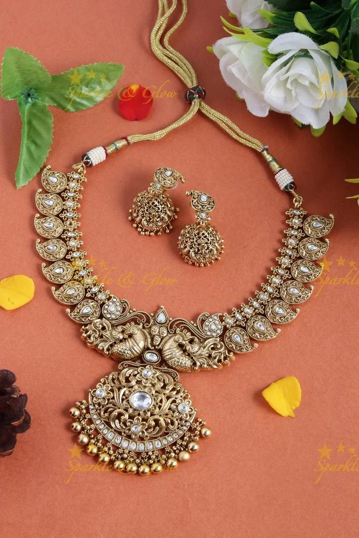 Gold alike elegant mango peacock necklace - Sparkle and Glow