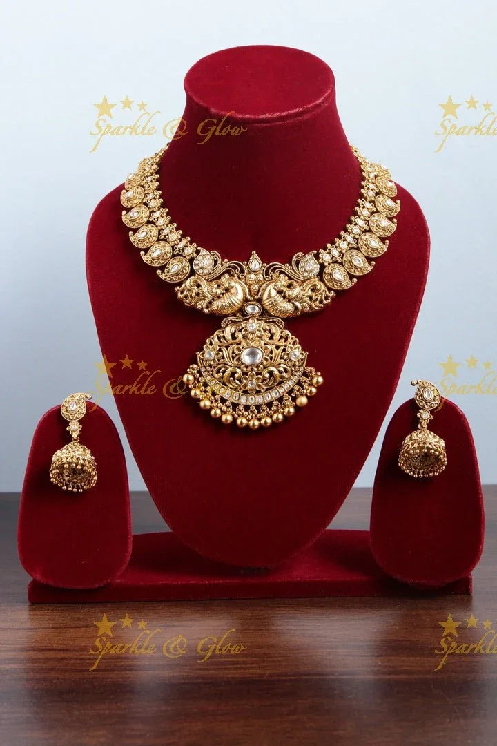 Gold alike elegant mango peacock necklace - Sparkle and Glow