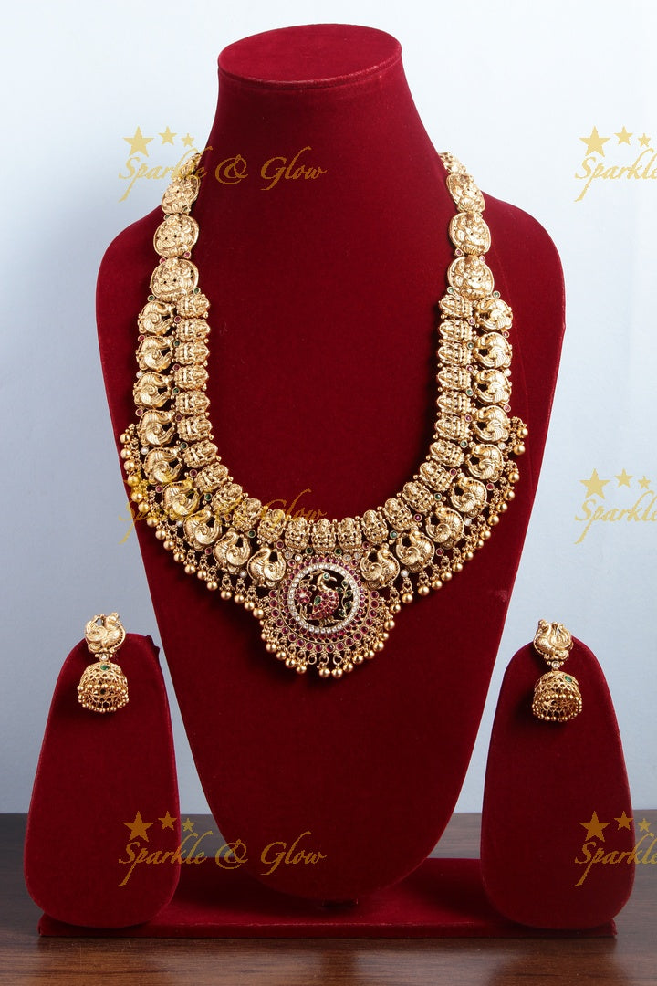 Stunning Bridal gold alike Lakshmi peacock carved haram