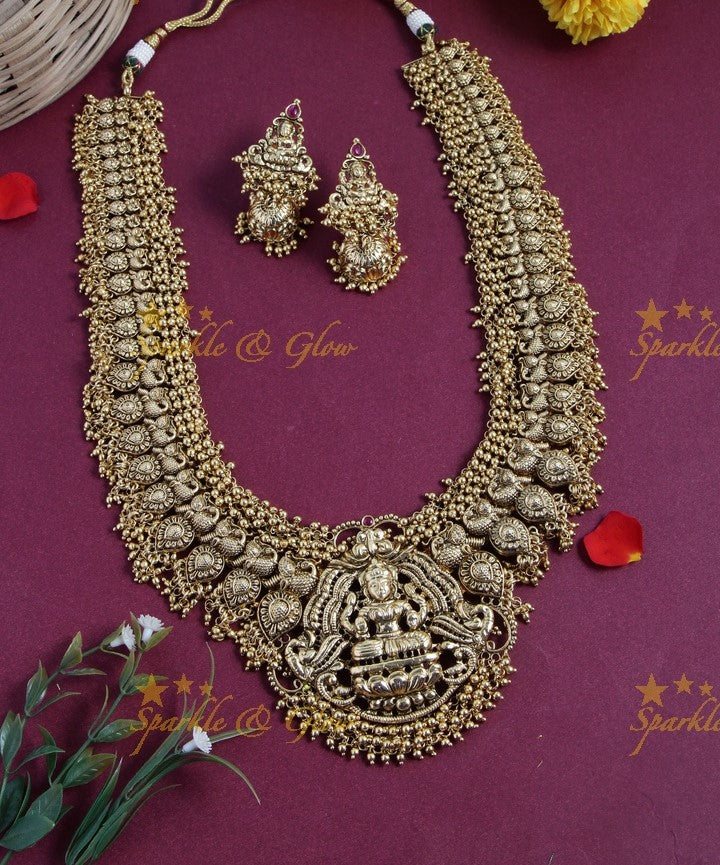Gold alike exquisite Peacock Lakshmi carved mango haram with gold beads