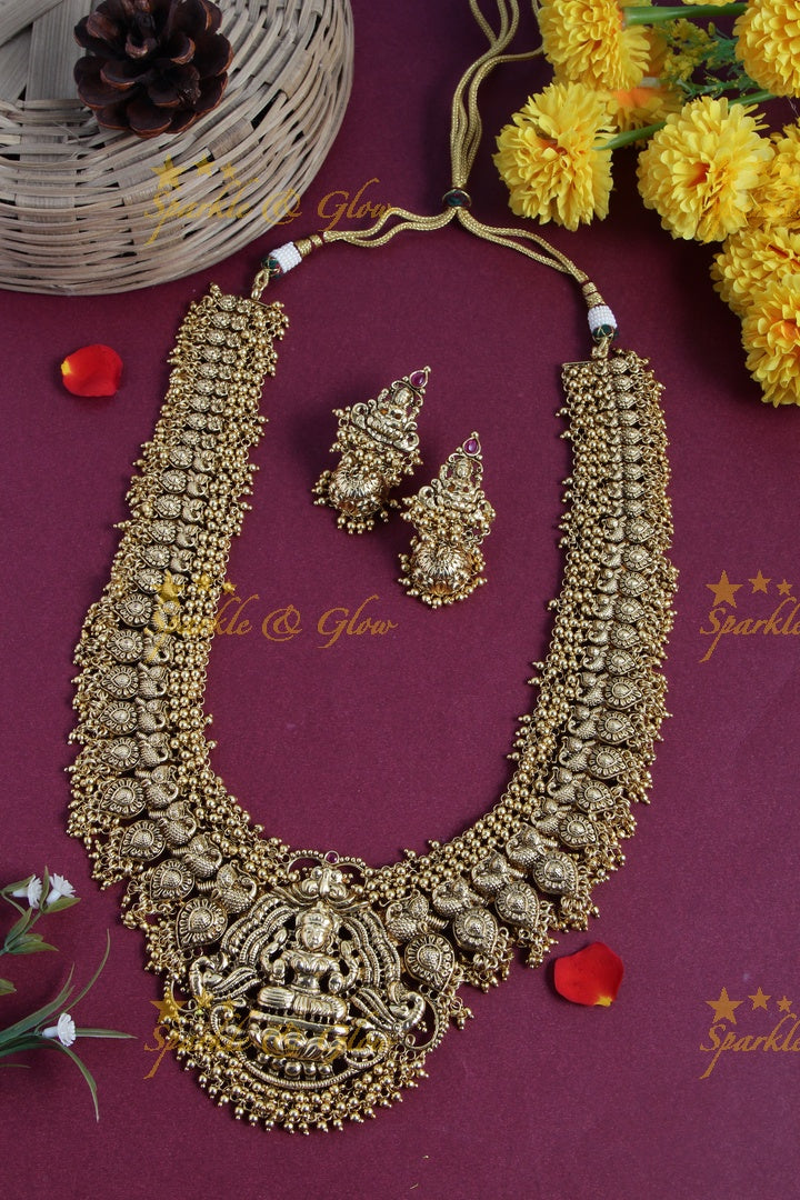 Gold alike exquisite Peacock Lakshmi carved mango haram with gold beads