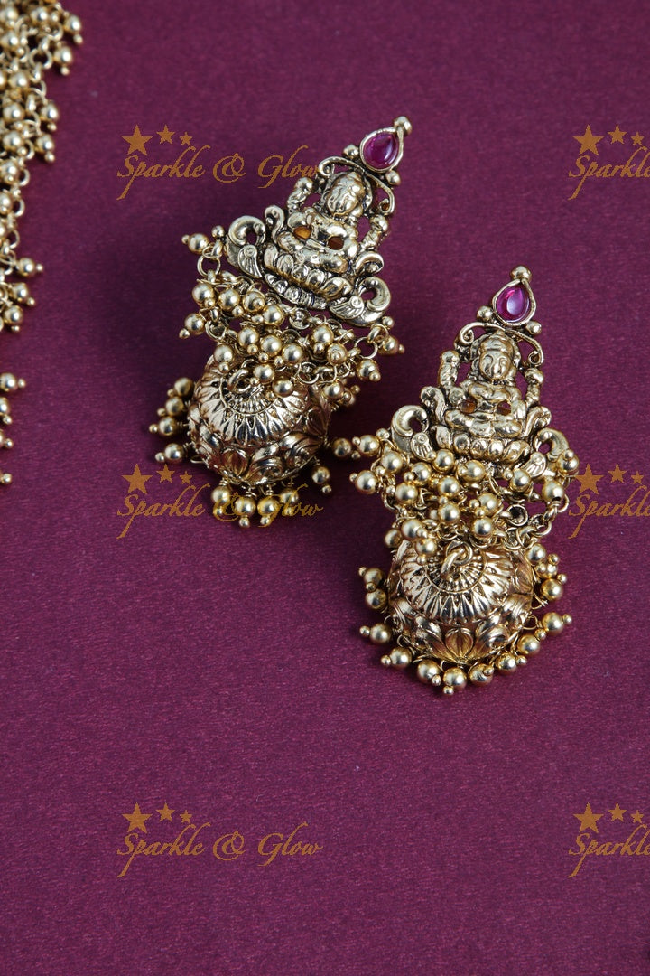 Gold alike exquisite Peacock Lakshmi carved mango haram with gold beads