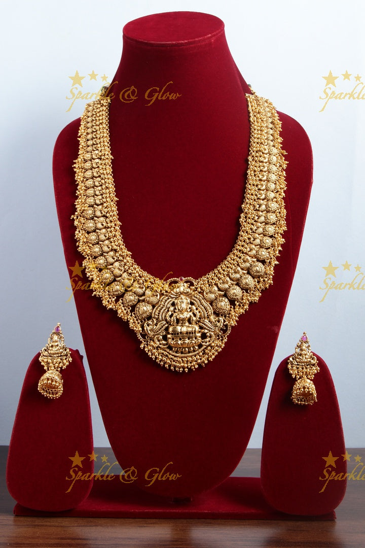 Gold alike exquisite Peacock Lakshmi carved mango haram with gold beads