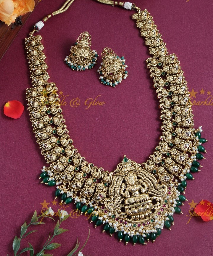 Gold alike exquisite Peacock Lakshmi carved haram with gold beads