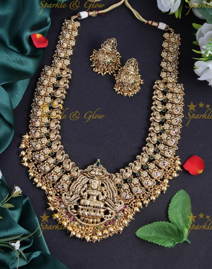 Gold alike exquisite Peacock Lakshmi carved haram with gold beads