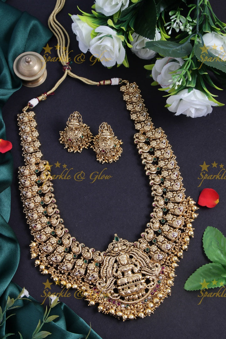 Gold alike exquisite Peacock Lakshmi carved haram with gold beads