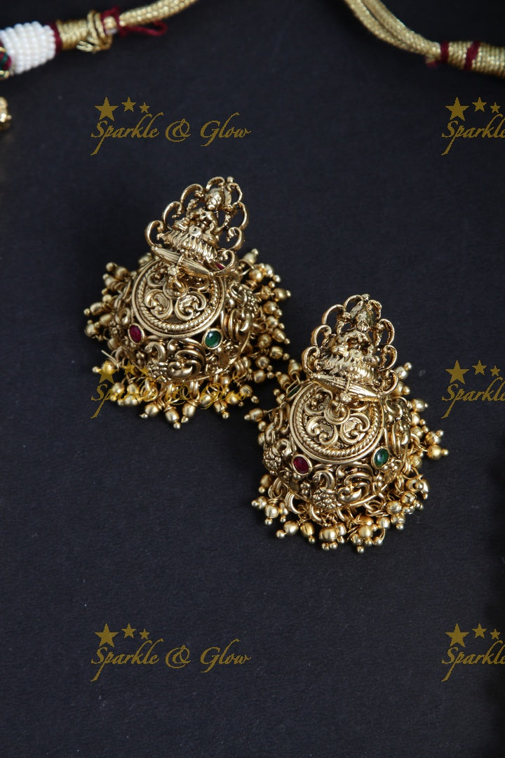 Gold alike exquisite Peacock Lakshmi carved haram with gold beads