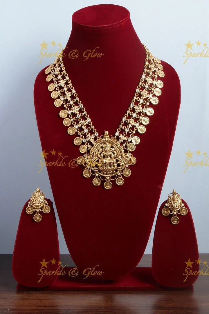 Gold alike exquisite three layer coin haram with Lakshmi pendent - Sparkle and Glow