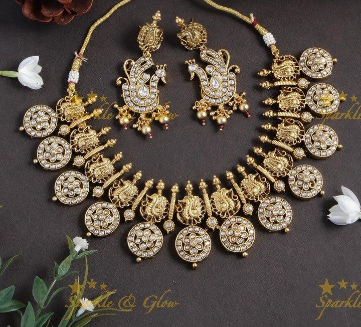Gold alike kundan stones floral bottu peacock necklace - Sparkle and Glow