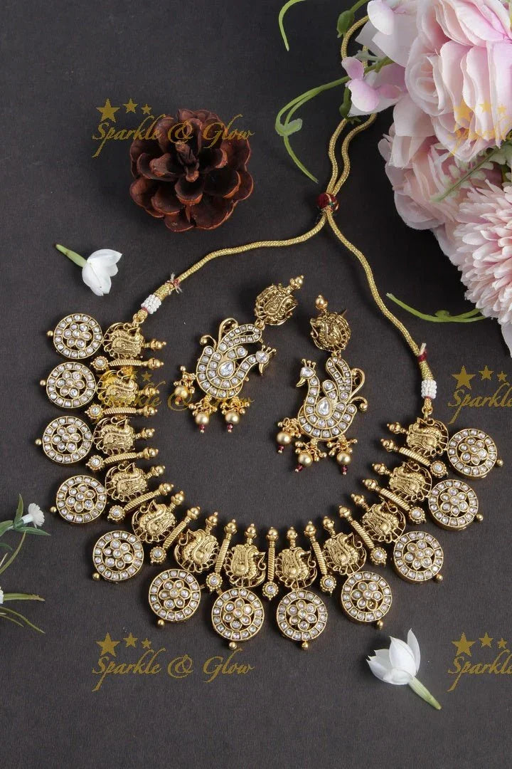Gold alike kundan stones floral bottu peacock necklace - Sparkle and Glow