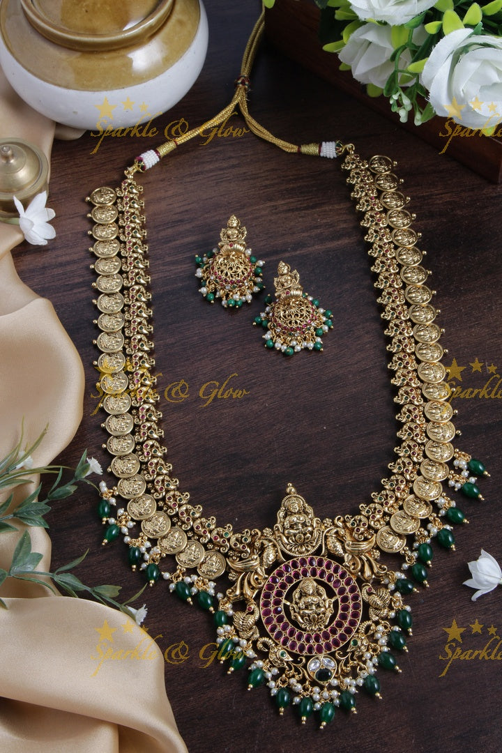 Gold alike Lakshmi coin haram with green beads
