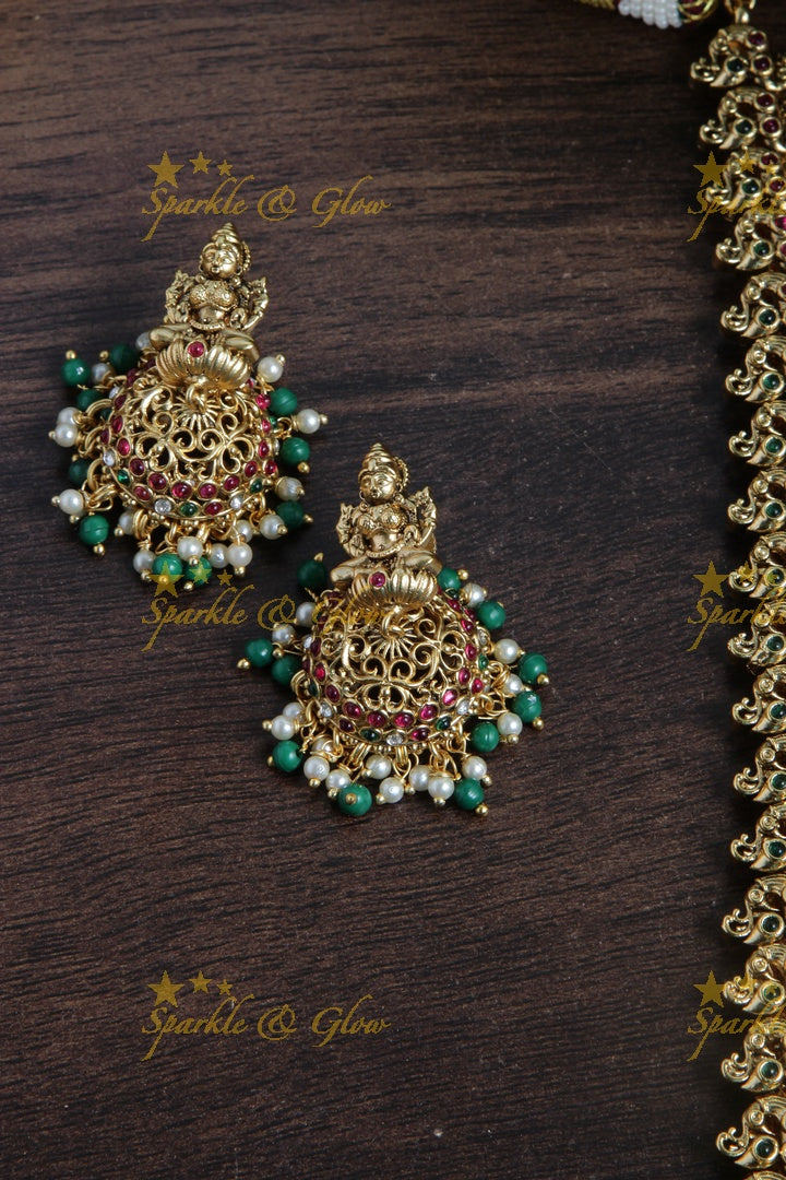 Gold alike Lakshmi coin haram with green beads