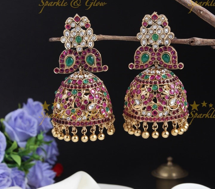Gold alike statement Huge Kemp mango Jhumukas - Multi