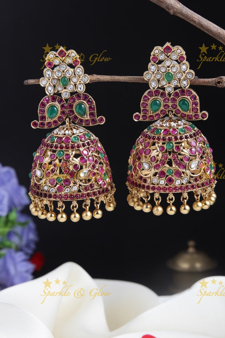 Gold alike statement Huge Kemp mango Jhumukas - Multi
