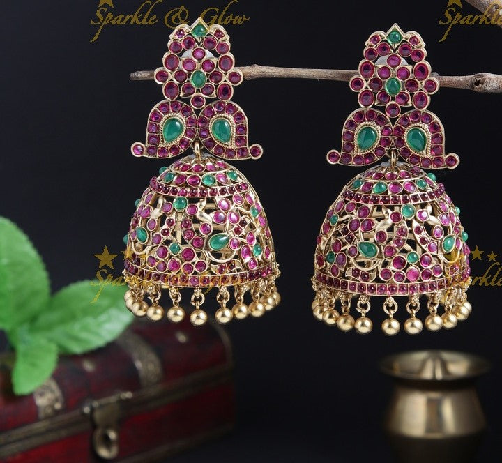 Gold alike statement Huge Kemp mango Jhumukas - Multi