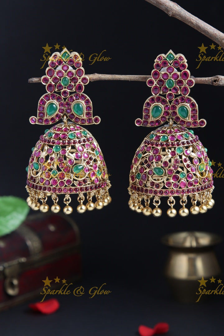 Gold alike statement Huge Kemp mango Jhumukas - Red Green