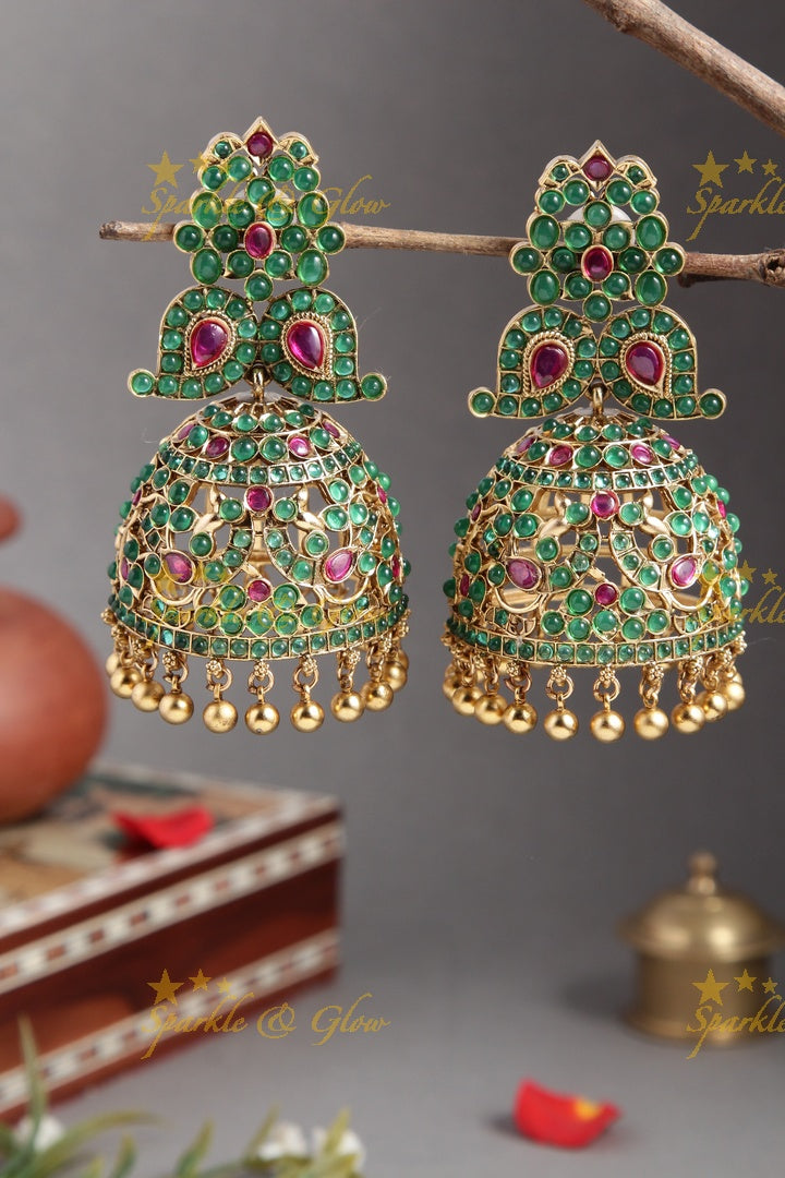 Gold alike statement Huge Kemp mango Jhumukas - Green Red