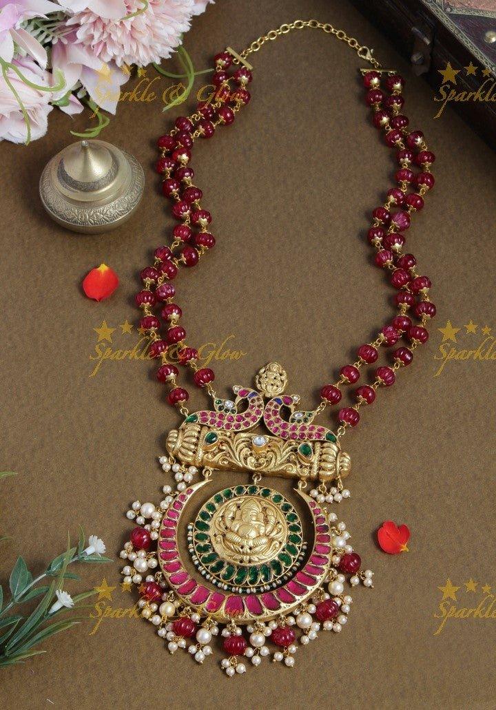 Gheru gold Jadau Ganesha Pendent pink pumpkin beads chain - Sparkle and Glow