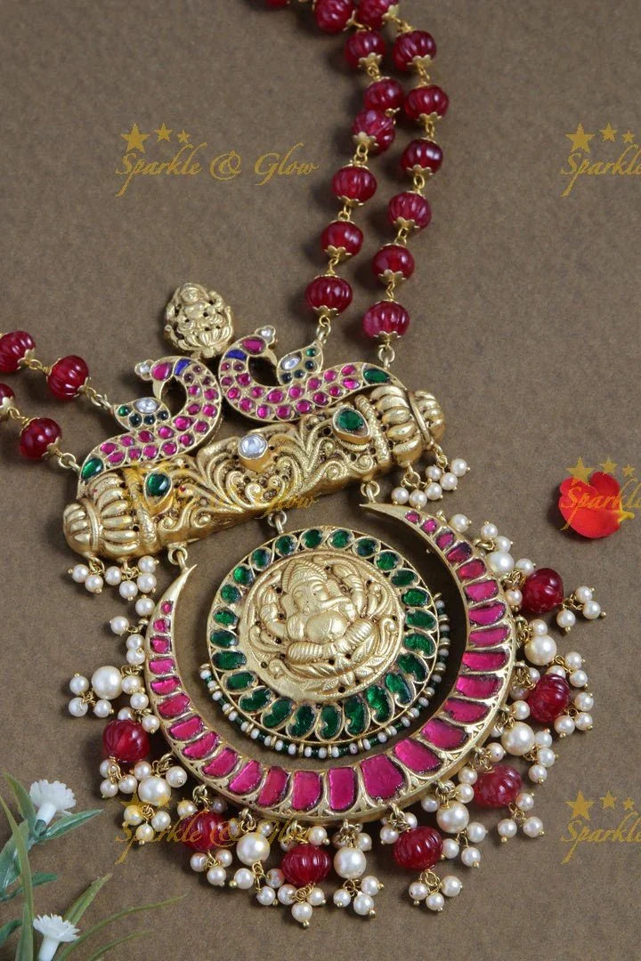 Gheru gold Jadau Ganesha Pendent pink pumpkin beads chain - Sparkle and Glow