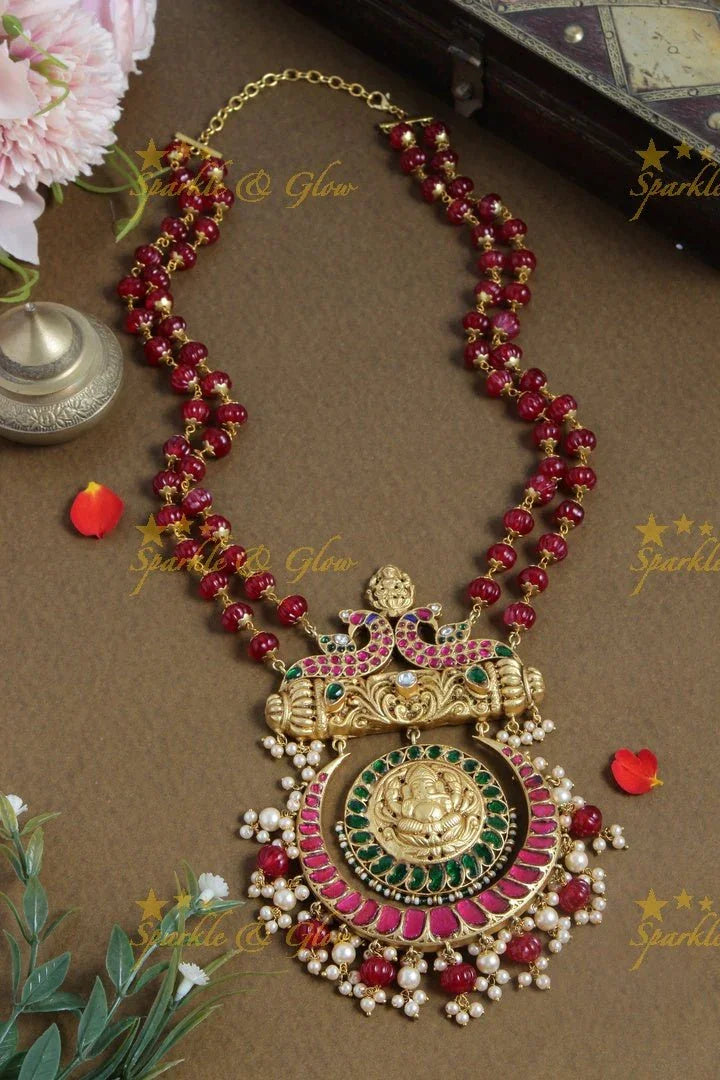 Gheru gold Jadau Ganesha Pendent pink pumpkin beads chain - Sparkle and Glow