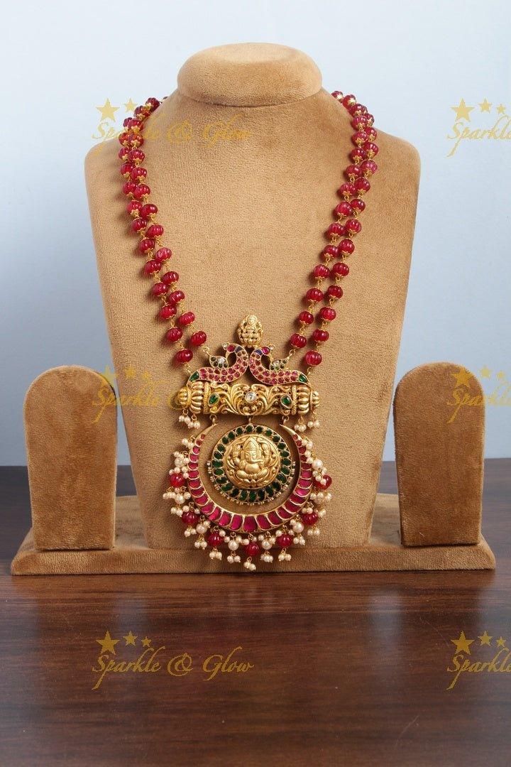 Gheru gold Jadau Ganesha Pendent pink pumpkin beads chain - Sparkle and Glow