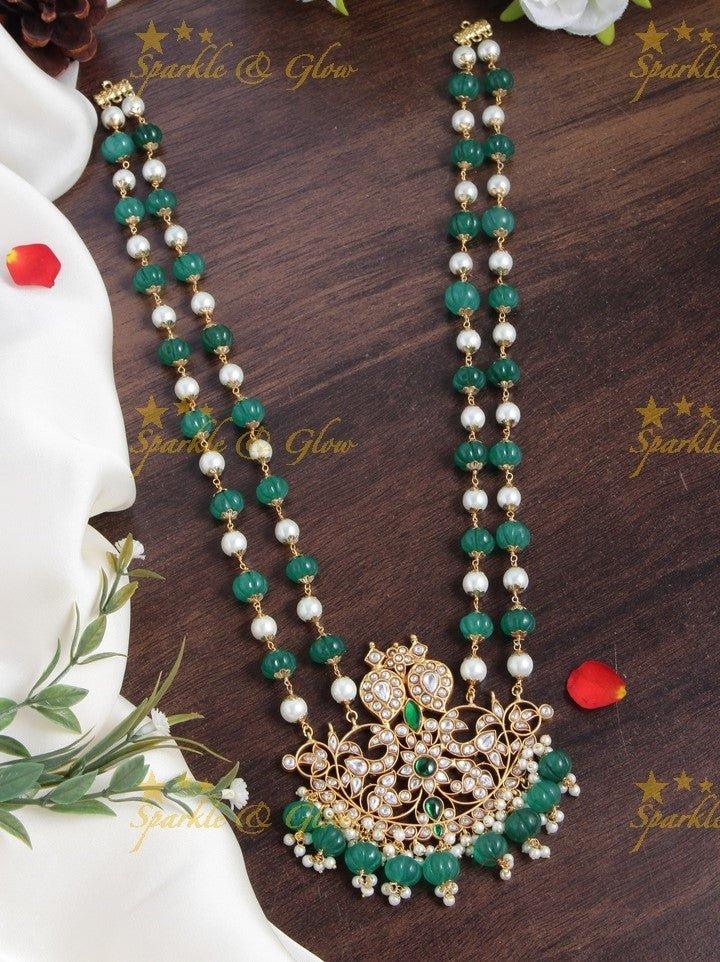 Gheru gold Jadau Mango Peacock Pendent Green pumpkin and pearl beads chain - Sparkle and Glow