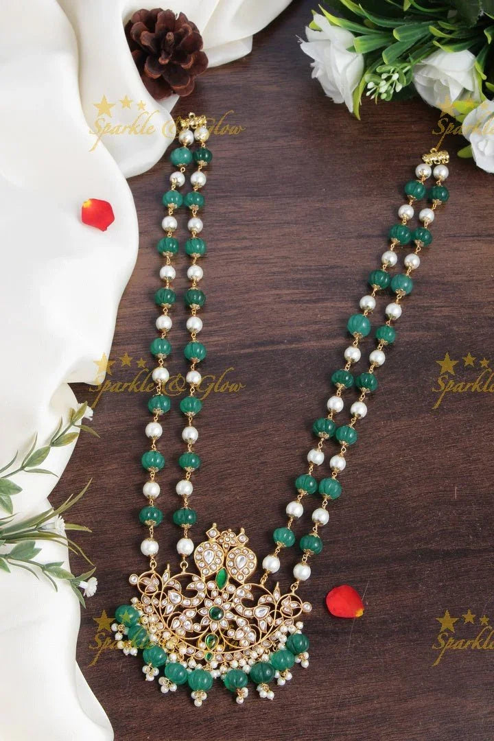 Gheru gold Jadau Mango Peacock Pendent Green pumpkin and pearl beads chain - Sparkle and Glow