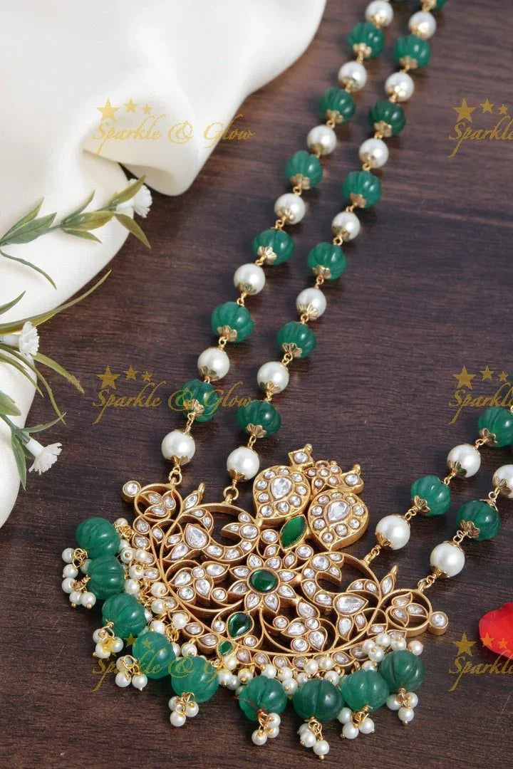 Gheru gold Jadau Mango Peacock Pendent Green pumpkin and pearl beads chain - Sparkle and Glow