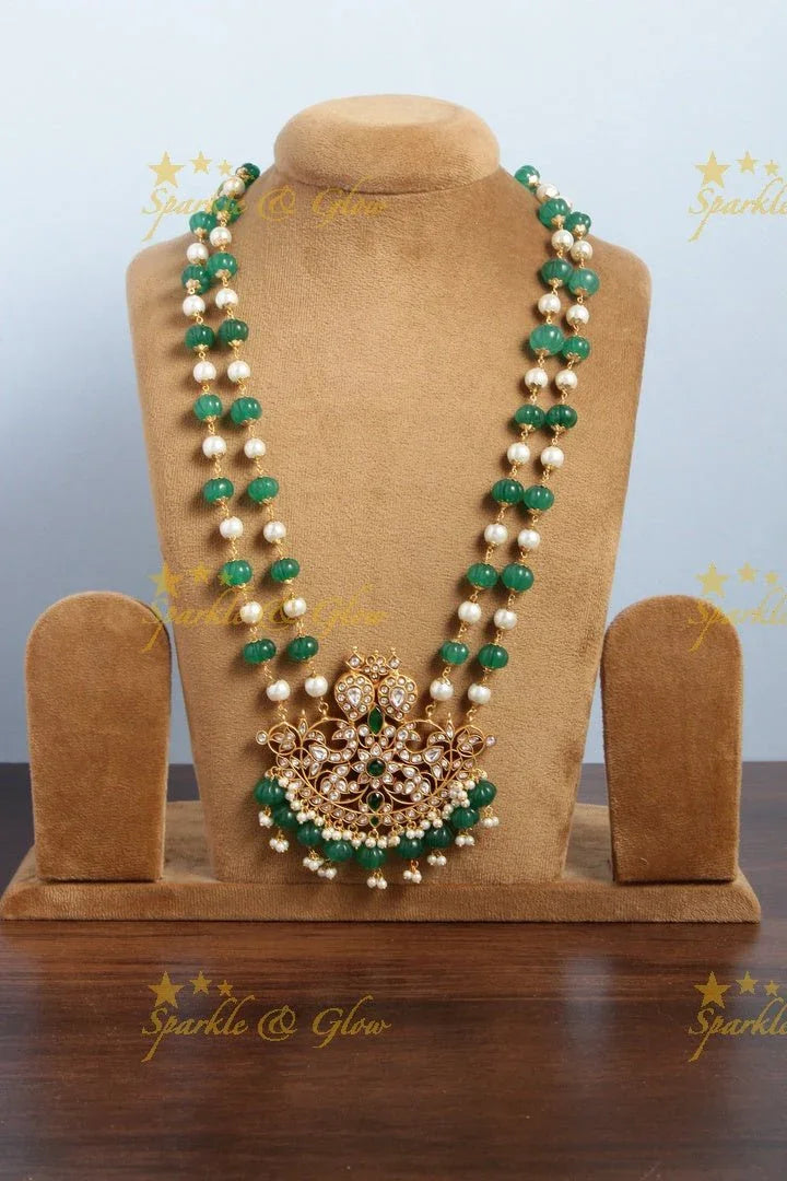 Gheru gold Jadau Mango Peacock Pendent Green pumpkin and pearl beads chain - Sparkle and Glow