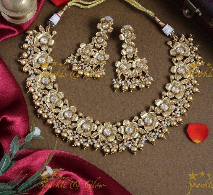 Beautiful Kundan non idol floral gutta puslau necklace - Sparkle and Glow
