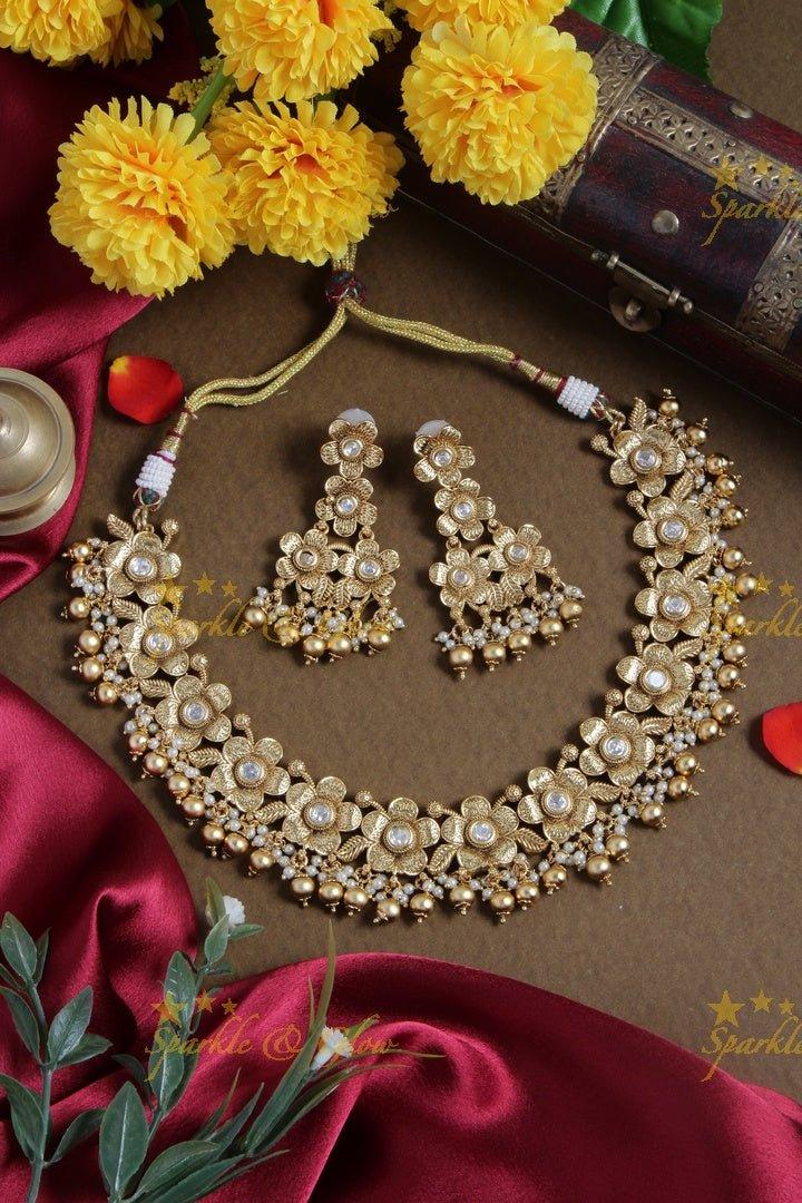 Beautiful Kundan non idol floral gutta puslau necklace - Sparkle and Glow