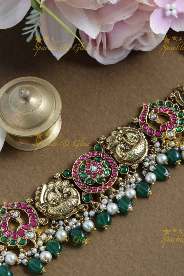 Antique elegant jadau peacock choker with green pearl drops - Sparkle and Glow