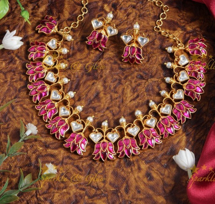 Gorgeous Jadau lotus encarved short necklace - Sparkle and Glow - Back Thread - 