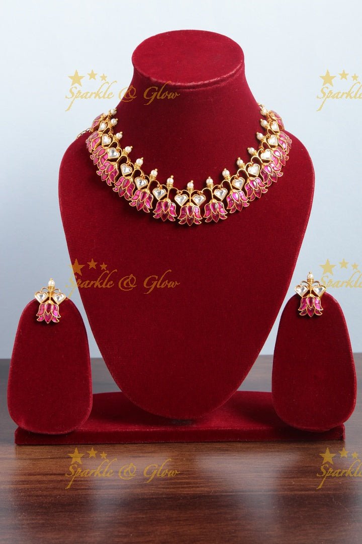 Gorgeous Jadau lotus encarved short necklace - Sparkle and Glow - Back Thread - 