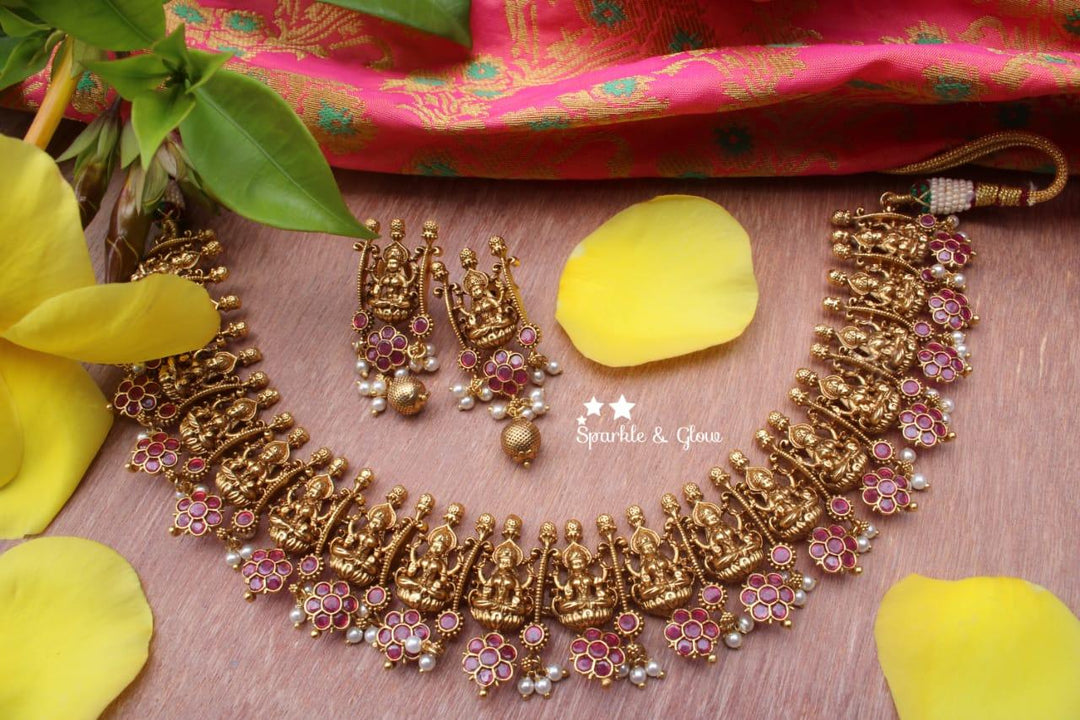 Gold alike Lakshmi short necklace crafted with pink semi precious stones - Pink - Sparkle and Glow