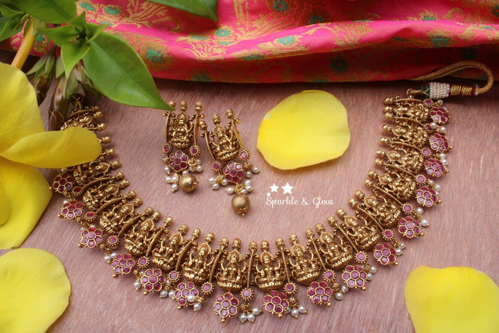 Gold alike Lakshmi short necklace crafted with pink semi precious stones - Pink - Sparkle and Glow