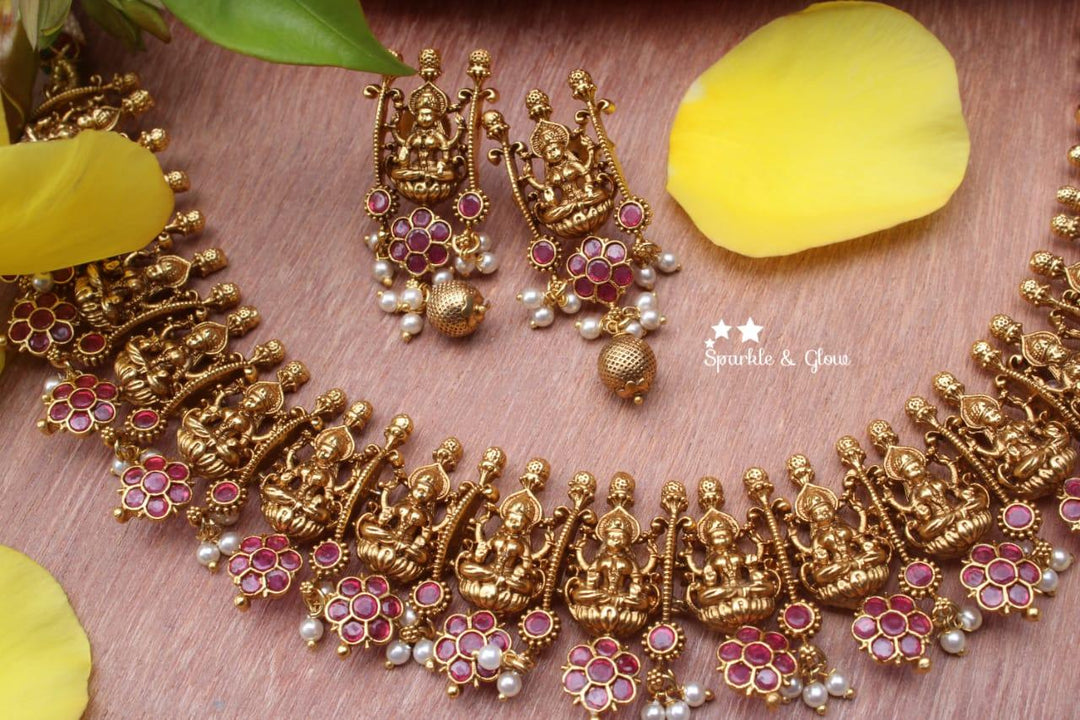 Gold alike Lakshmi short necklace crafted with pink semi precious stones - Pink - Sparkle and Glow