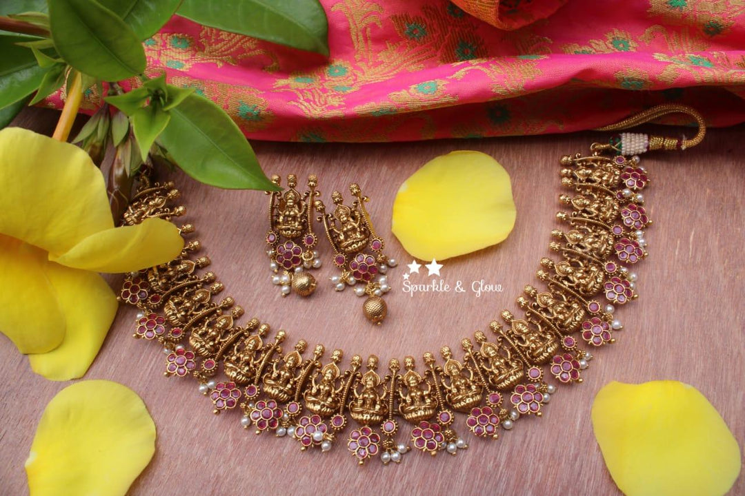 Gold alike Lakshmi short necklace crafted with pink semi precious stones - Pink - Sparkle and Glow