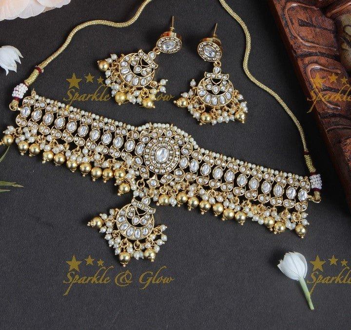 Gold alike non idol beautiful choker with kundan stones with gold bead drops - Sparkle and Glow