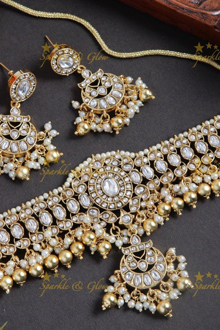 Gold alike non idol beautiful choker with kundan stones with gold bead drops - Sparkle and Glow