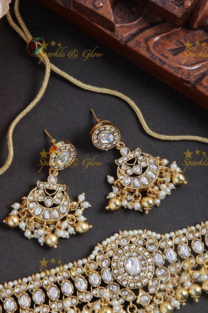 Gold alike non idol beautiful choker with kundan stones with gold bead drops - Sparkle and Glow
