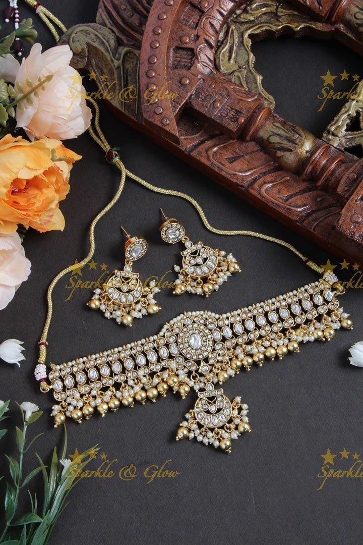 Gold alike non idol beautiful choker with kundan stones with gold bead drops - Sparkle and Glow